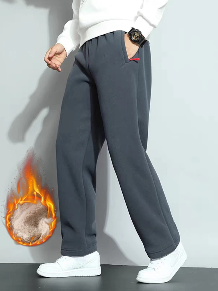 Mens Winter Fleece Pants Straight Warm Sweatpants with 2 Zip Pockets Snow Cold Thickened Thermal Men Trousers 251213