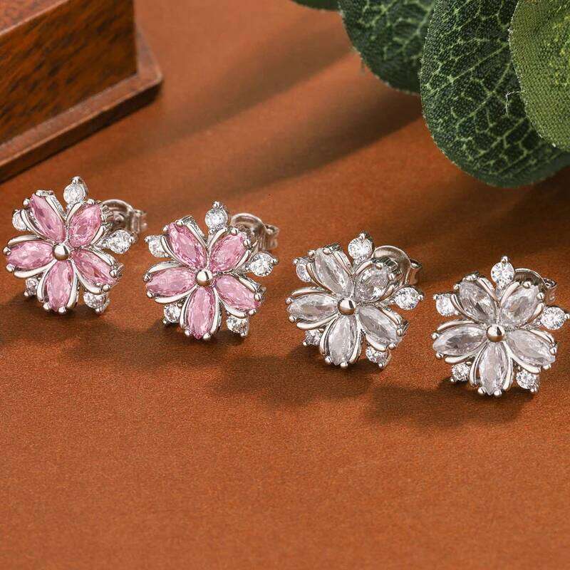 Fashionable 925 Silver-plated for Women's - High-quality Peach Blossom-shaped Jewelry Pink/white Zircon Earrings