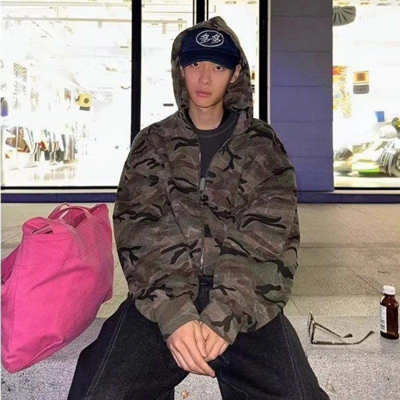 Camouflage Mens Hooded Jacket Loose American Style Cardigan Sweatshirt High Street Versatile Casual Fashion Loose Mens Clothing 251226