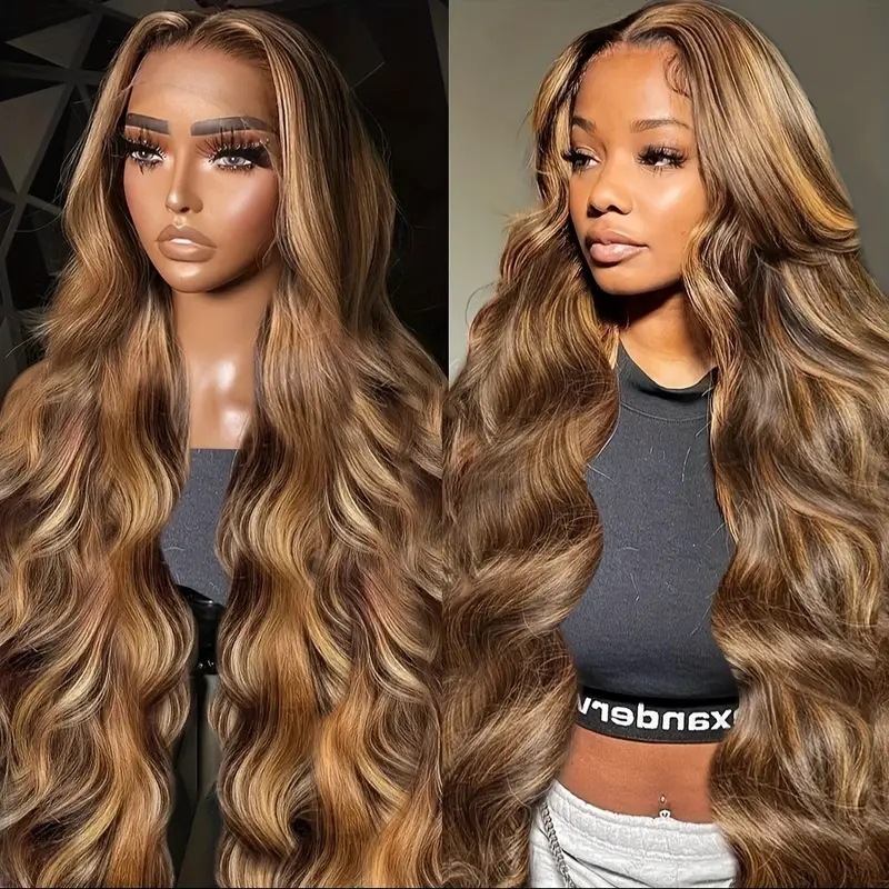 Cross border Bestseller Lace Front Long Wavy Curls with Highlights Wig European Style Women's Wig in Fashionable Piano Black