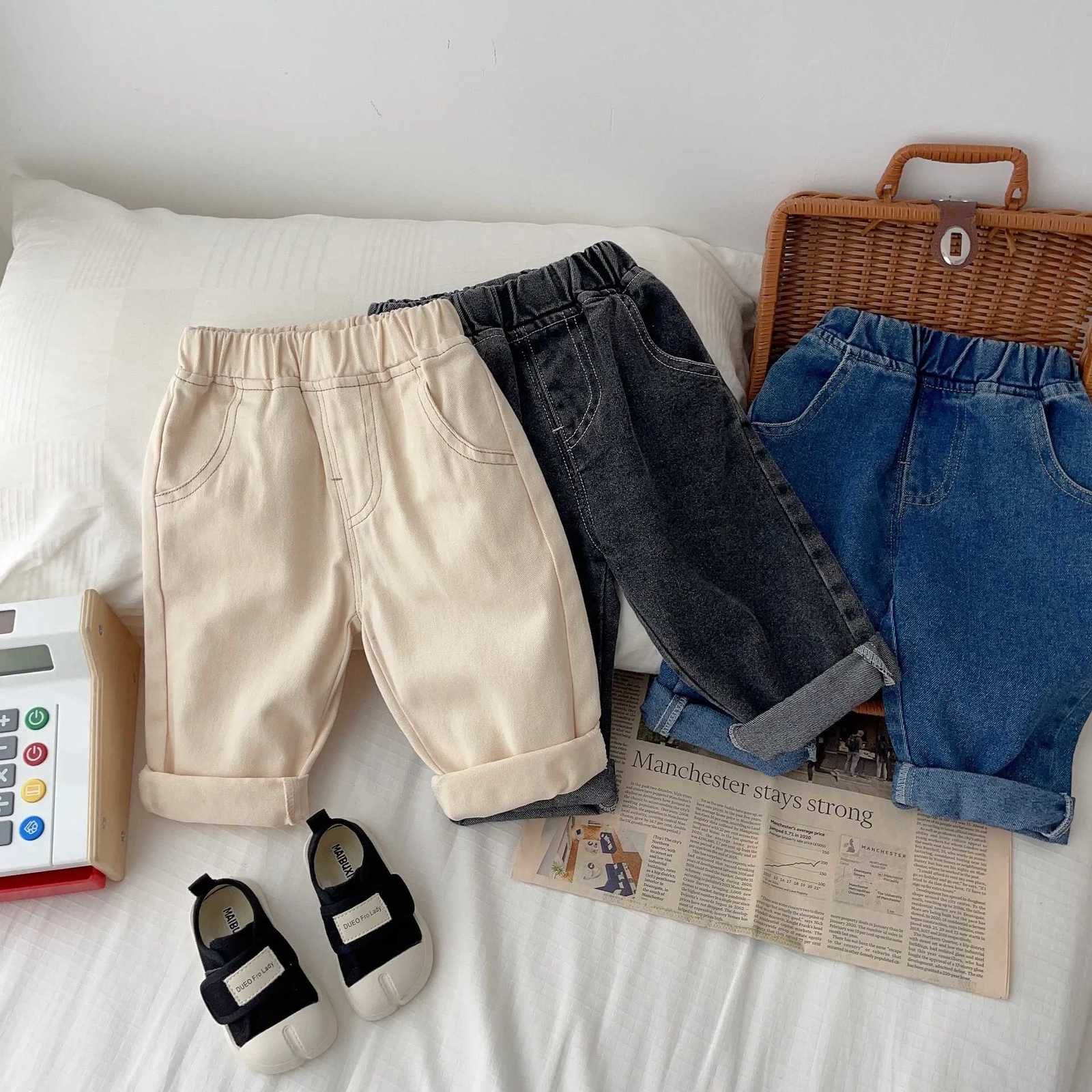 k976 Kids Solid Color Denim Pants Boys Minimalist Soft Casual Jeans Korean Style Baby Trousers for 0-5Y Children