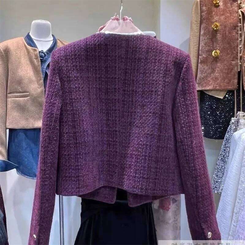 Purple Tweed Short Jacket Women's Coarse Woolen Coat Spring Autumn O-Neck Single-Breasted Streetwear Lady Outerwear