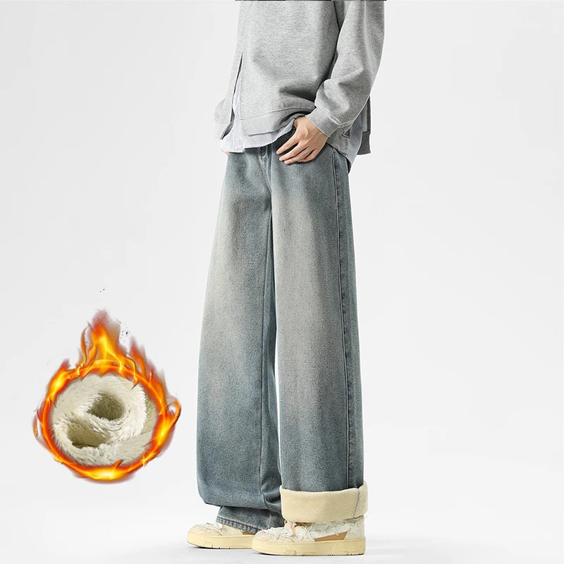 Mens Thick Fleece Loose Jeans Fashion Casual Solid Color Drawstring Straight Denim Trousers Male Clothing Plush 251226
