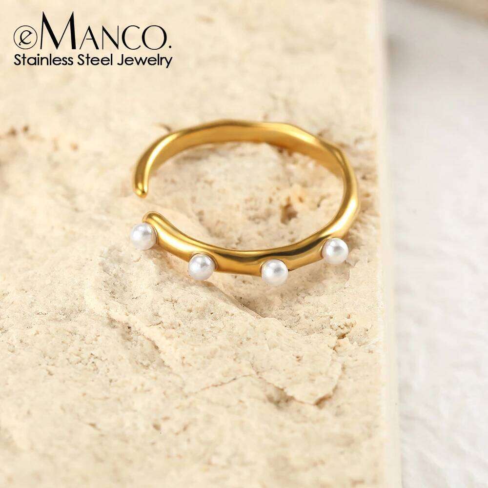 eManco Fashion Imitation Pearl Rings Stainless Steel Glamour Chic Ring 18K Gold Plated Waterproof Jewelry for Women