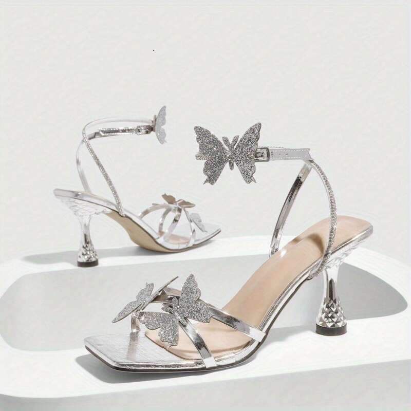 Elegant Silvery Sandals Women Round Three Dimensional Flower Design High Heel Pointed Toe Buckle Closure Non Woven Fabric Upper Perfect For Parties MO