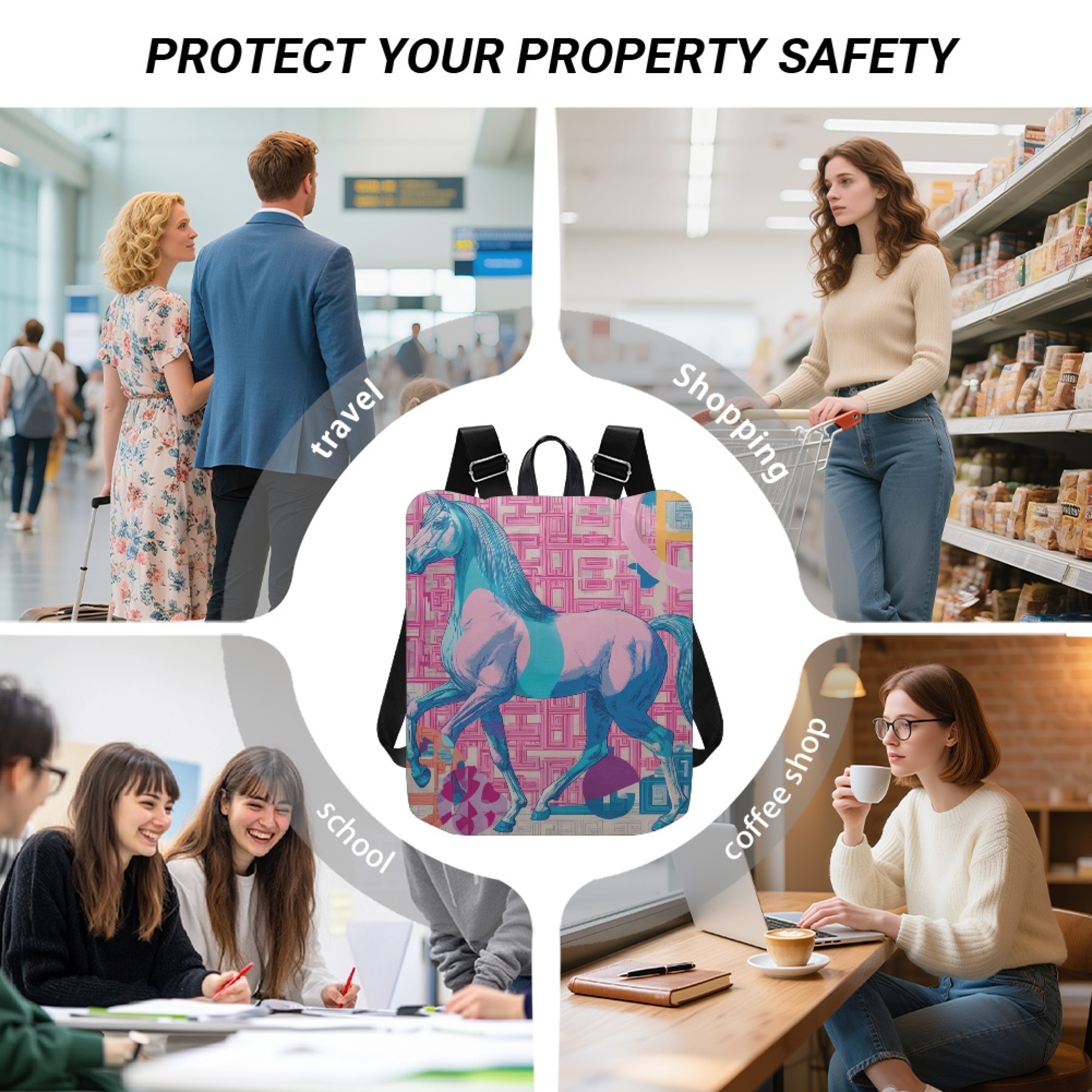 Custom H Designer Fashion Anti Theft Backpack Luxury Horse Pattern Unisex Full Print Backpack Laptop Bag Travel Bag H62