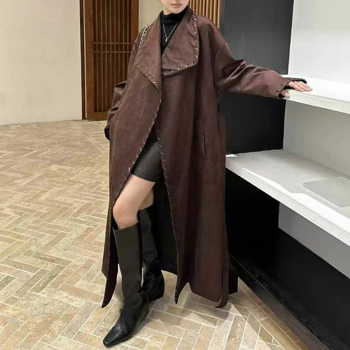 BJTZ Fashion Vintage Trench Coat For Woman 2025 Autumn Laceup Tiewaist Big Lapel Loose Fit Windbreaker 251231