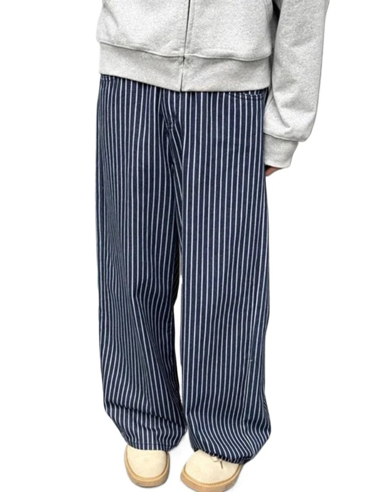 HOUZHOU Vintage Blue Striped Jeans Women Y2k Hip Hop Grunge Straight Denim Trousers Punk High Waist Streetwear Wide Leg Jeans 251225