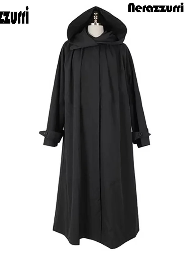 Nerazzurri Spring Autumn Long Black Waterproof Raincoat Coat for Women with Hood Sleeve Loose Clothes 2025 251231