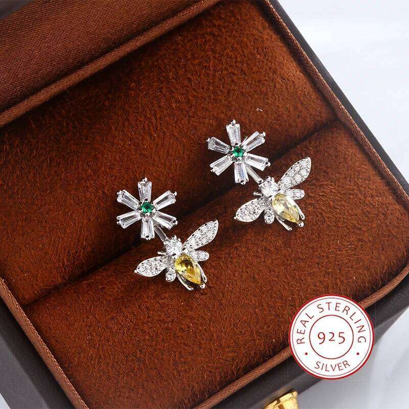 Fashion New Cute Sunflower Bee White Yellow Zircon Animal Girls Earrings Jewelry Gifts 925 Silver Plated