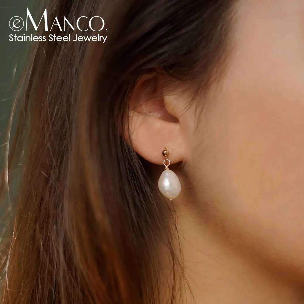 eManco Natural Freshwater Pearl Stainless Steel Gold Color Dangle Earrings Women's Gift