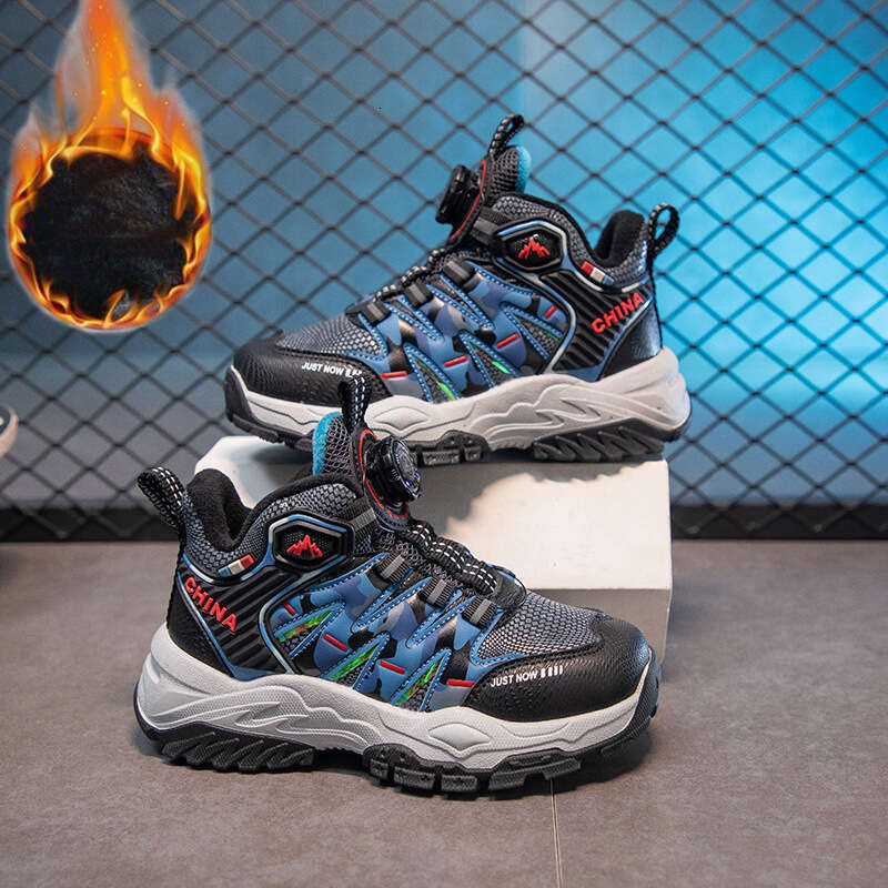 Boys Winter Fleece-Lined Cotton Rotating Button Hiking Shoes Cool Thick-Soled Fashionable Outdoor Footwear for Teenagers