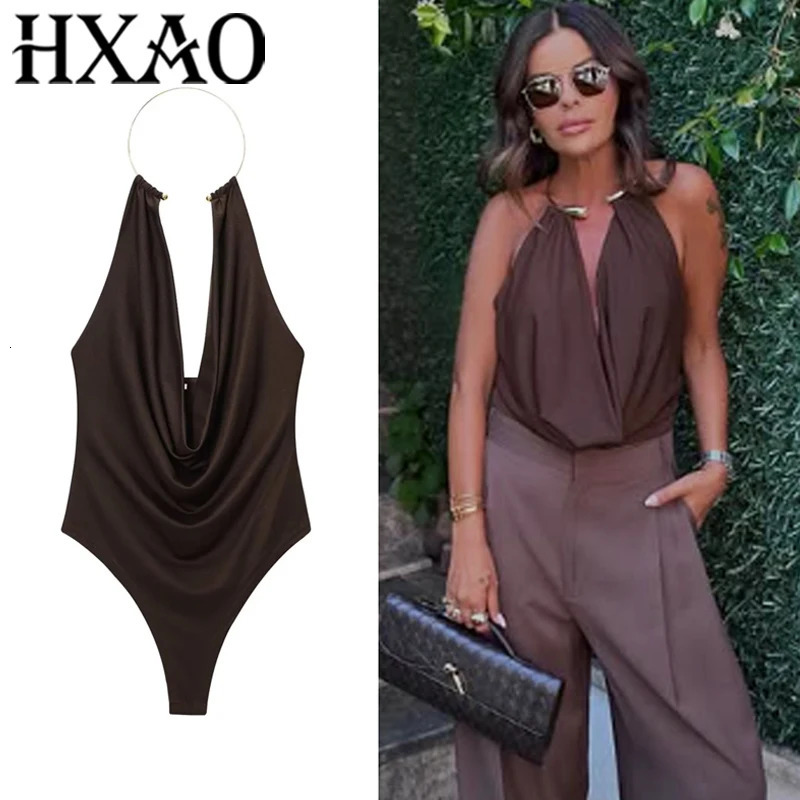 HXAO Halter Neck Bodysuits Sexy Summer Off Shoulder Bodysuit Women Brown Top Ruched Ring Backless Thong Woman 251231