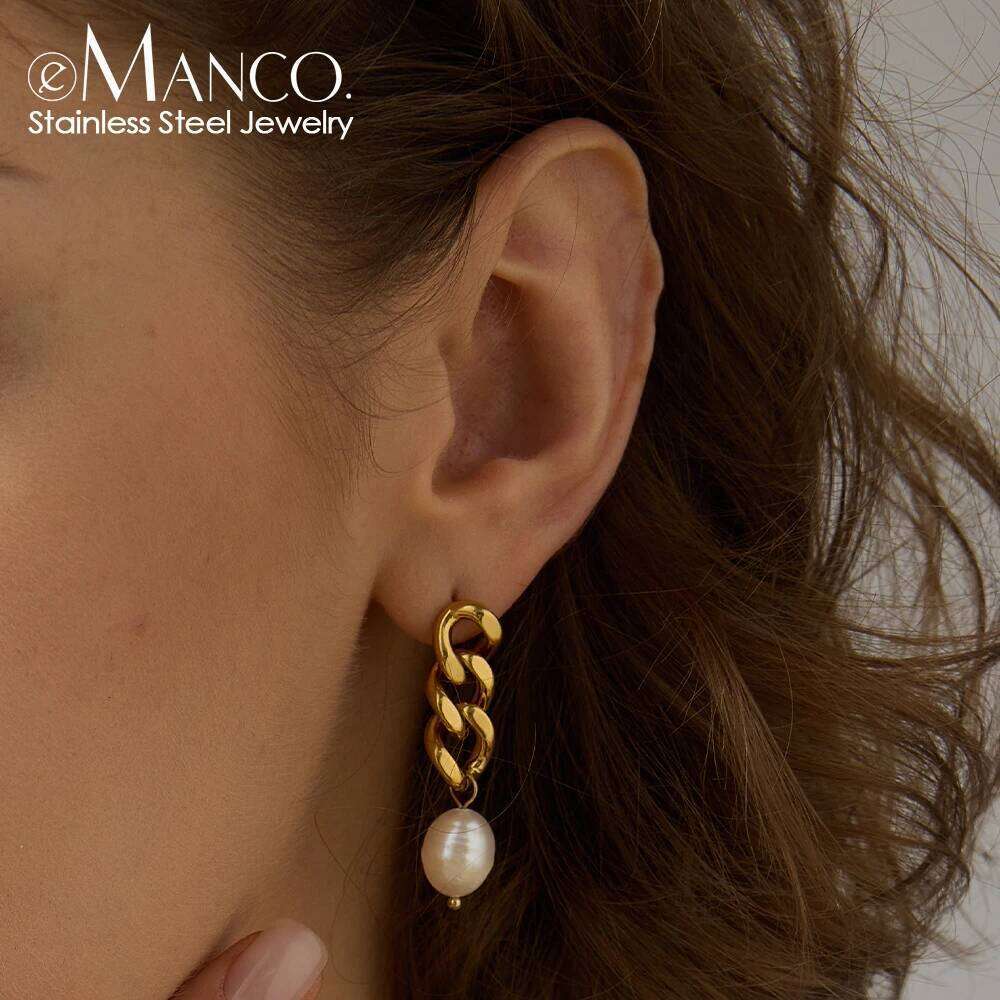eManco Pearl Dangle Stainless Steel Plated Gold WaterProof Women Jewelry Earrings Gifts 48-Hour Shipping