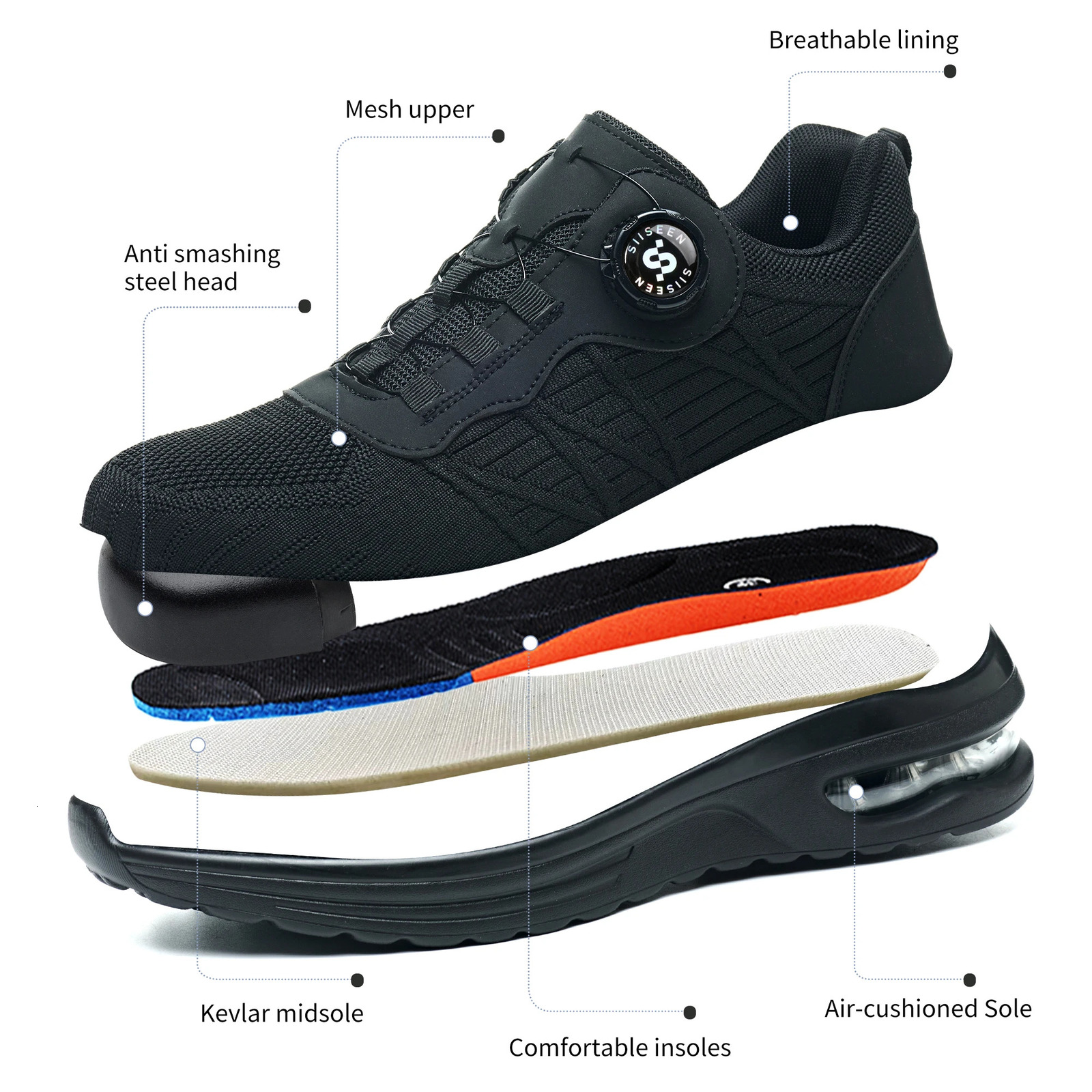 Mens Safety Shoes Steel Toe Anti- Crush Puncture Resistant Pure Black Button Air Cushion Lightweight Work Shoes 251226