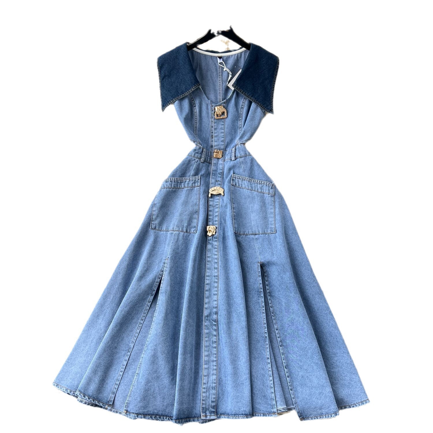 Fashionable Versatile Urban Sexy Design Women's Dress - Sleeveless Loose Top Dress With Open Waist And Fitted Silhouette - Vintage Denim Long Dre