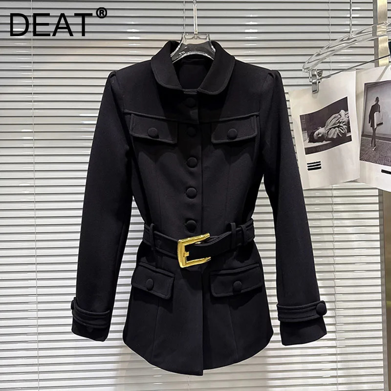 DEAT 2026 Spring Fashion Metal Buckle Belt Waist Shoulder Pad Trench Coat For Women Temperament Windbreaker Female 11A08364 251231