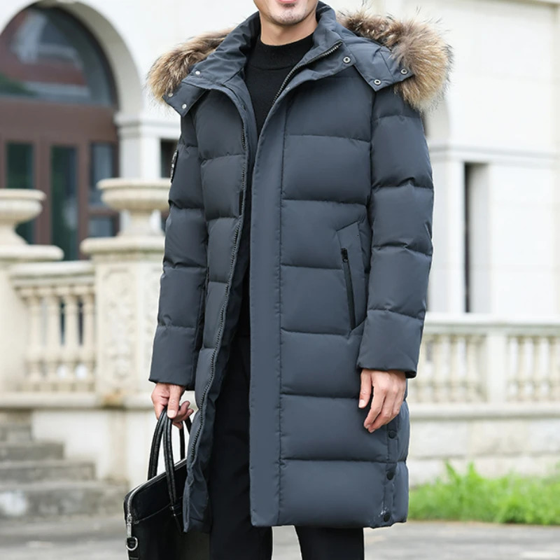 Winter Fur Collar Down Jacket Mens Business Thickened Warm White Duck Coat Men Casual Long Coldproof Hooded Parka 251225