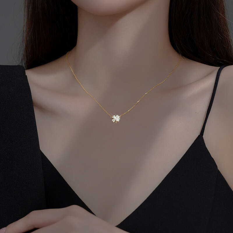 Four-leaf Clover Zircon Necklace for Women, Light Luxury Design, Sweet and Elegant, Minimalist Style, Collarbone Chain, Wholesale Jewelry