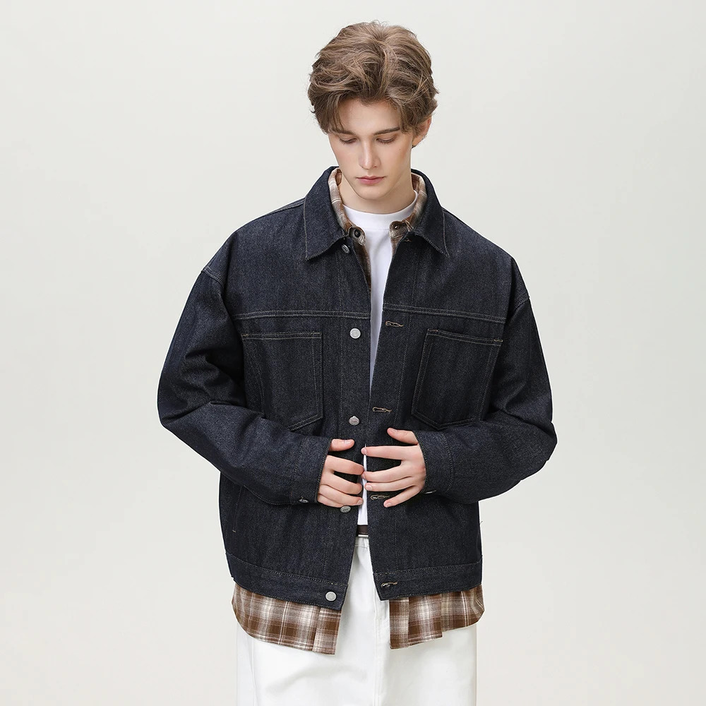 TFETTERS 2025 Spring Autumn Mens Denim Workwear Jacket Man Contrast Stitching Oversized Turndown Collar Jeans Coat Male 251230