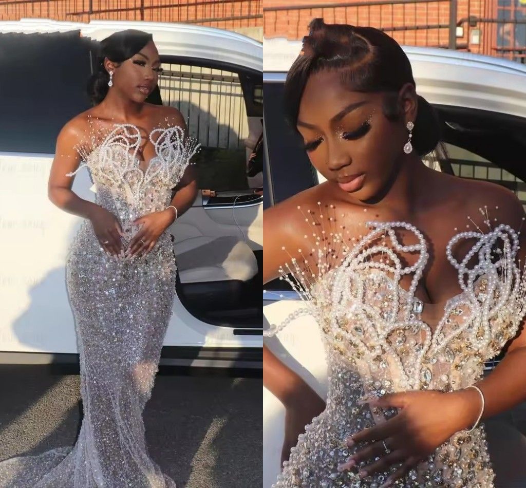 Luxury Pearls Beaded Prom Party Dress For African Black Girl Glitter Sequins Sexy Long Mermaid Formal Evening Gowns Plus Size Second Reception Birthday Dress LG0690