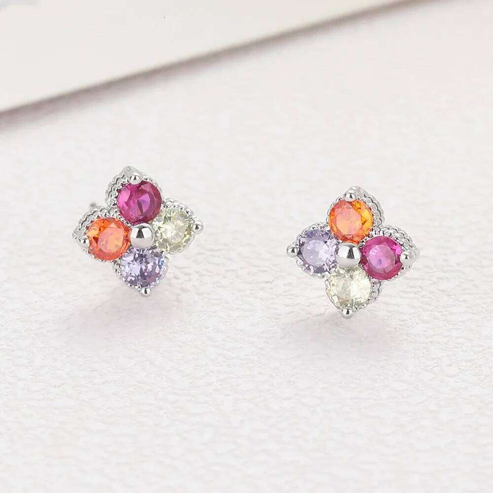Real 925 Sterling Silver Colored Zircon Clover Flowers Stud Earrings for Women Fine Jewelry Minimalist Plant Accessories