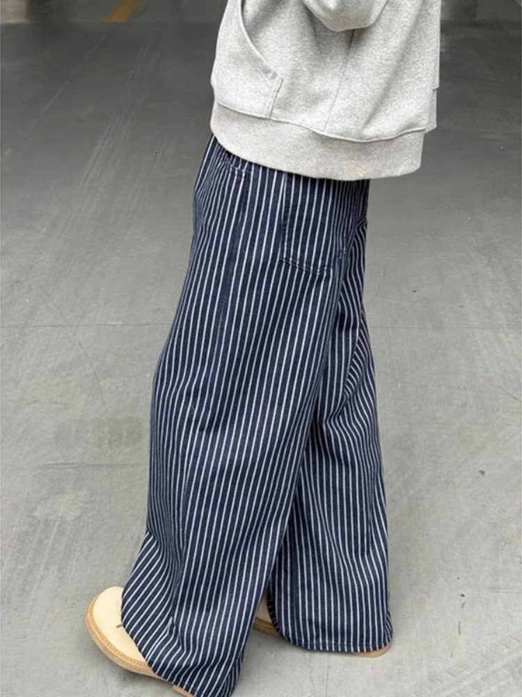 HOUZHOU Vintage Blue Striped Jeans Women Y2k Hip Hop Grunge Straight Denim Trousers Punk High Waist Streetwear Wide Leg Jeans 251225