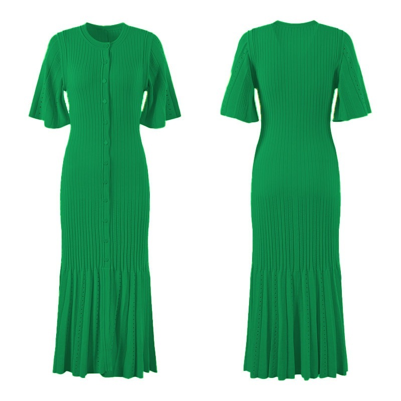 Fashionable And Simple Urban Sexy New Short-sleeved Women's Dress With Buttoned Slit Front Knitted Dress With Fashionable High-waist Design