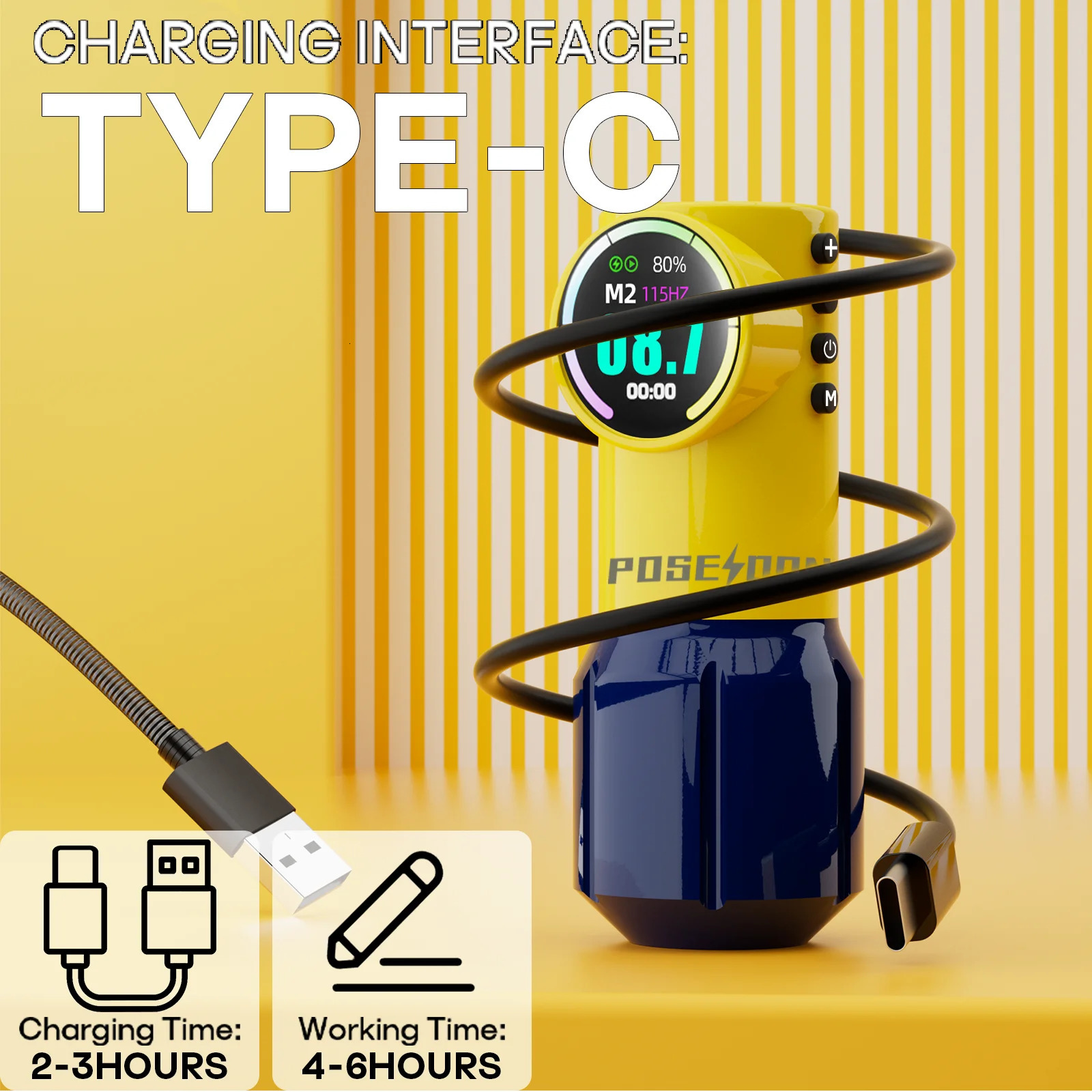 POSEIDON Cute Yellow Tattoo Machine Yellow Wirless Tattoo Pen With Powerful Custom Motor For Professional Tattoo Artist 251230
