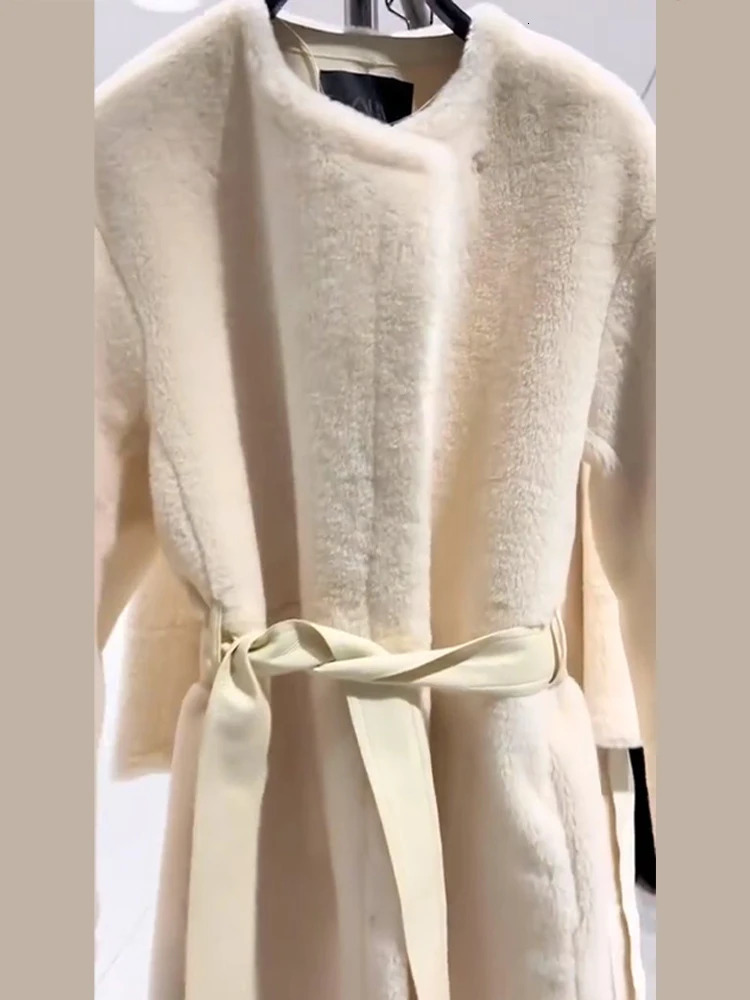 Womens Cream Shearling Long Coat Belted Waist Oversized Full Sleeve Oneck Jacket Winter Casual Outings Daily Work Cold Weather 251216