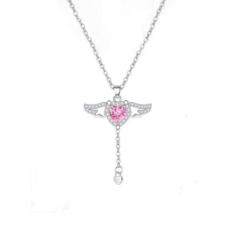 Women's Light Luxury Cupid Heart Necklace Zircon Inlaid Angel Wings Pendant European American Fashion Collarbone Chain Festival Jewelry