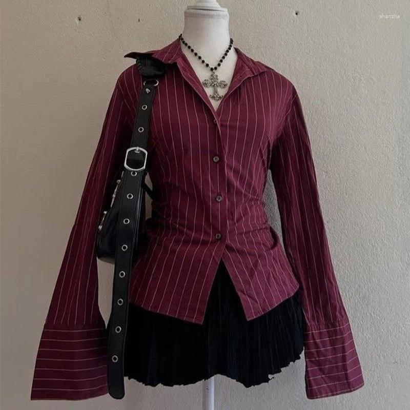Women's Blouses Gothic Punk Grunge Blouse Sexy Slim Chic Casual Lapel Striped Long Sleeve Shirt Vintage Aesthetics Tie Streetwear