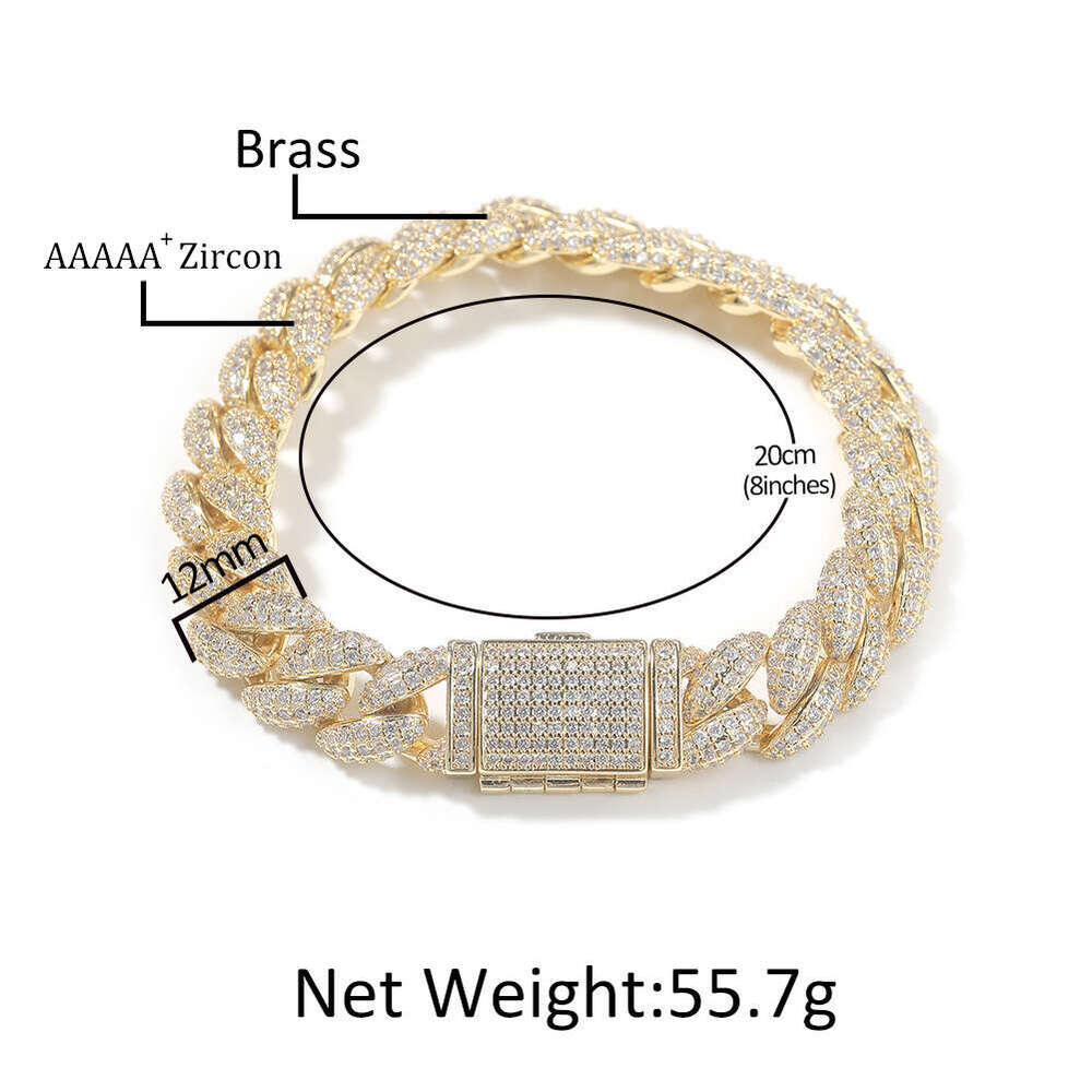 Bracelet for Men Diamond-Studded 12mm Full Diamond Cuban Chain European American Hot-Selling Hip-Hop Street Trend Versatile Accessory