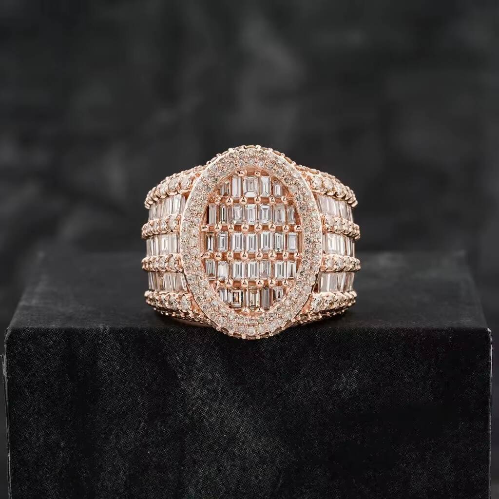 Sparkling Moissanite Hip Hop Ring in 14 KT White Gold for Men Featuring VVS Clarity Round and Baguette Cut Diamonds