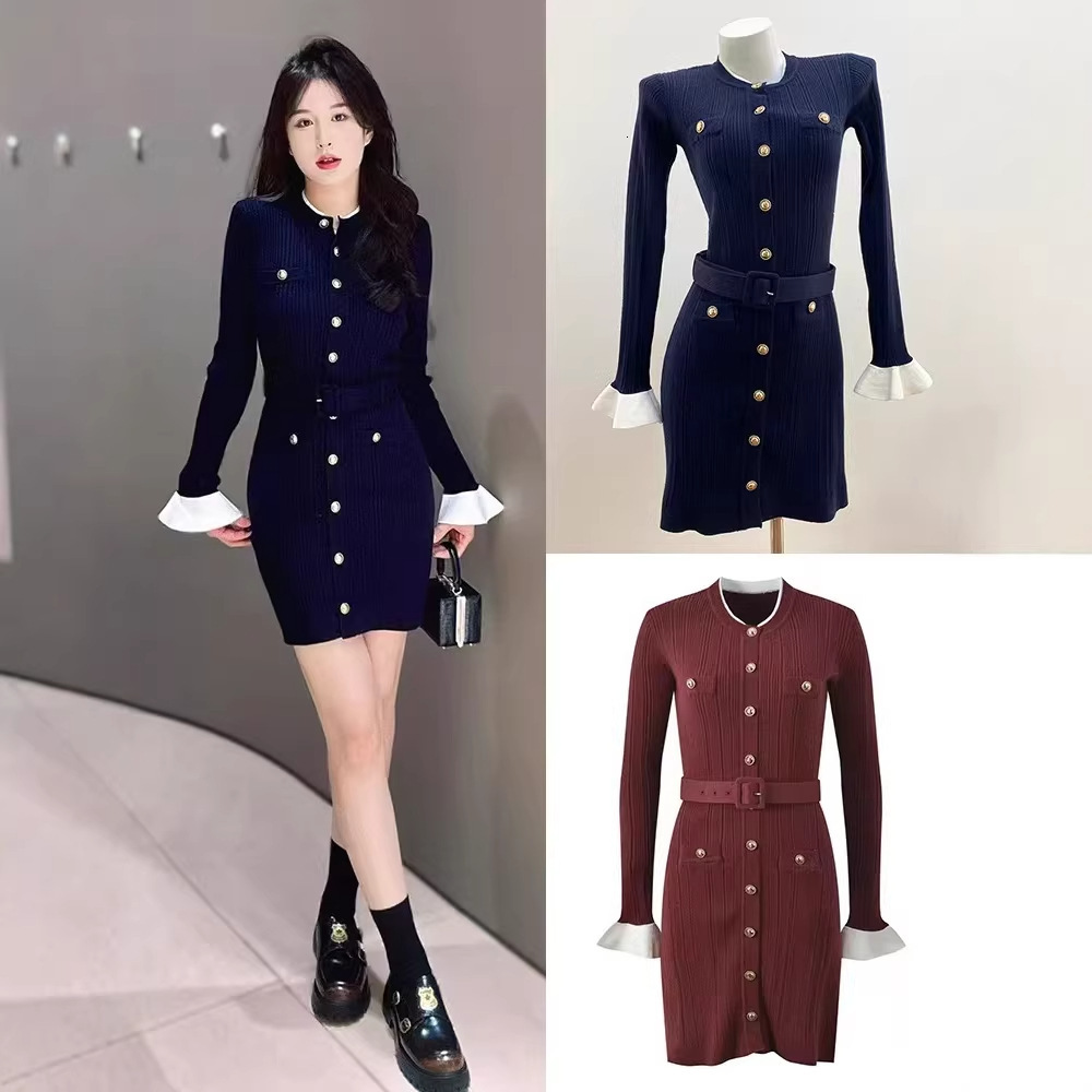 2026 Autumn/winter New Style Urban Sexy Women's Dress - French Style Elegant Model - Round Neck Long Sleeve Single Button Form-fitting Close-fitt
