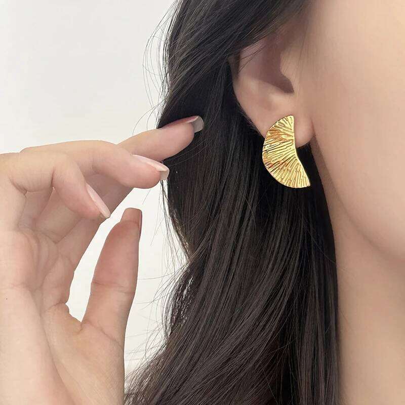 Real 925 Sterling Silver 18K Gold Folded Semicircular Stud Earrings for Women Vintage Fine Jewelry Geometric Accessories