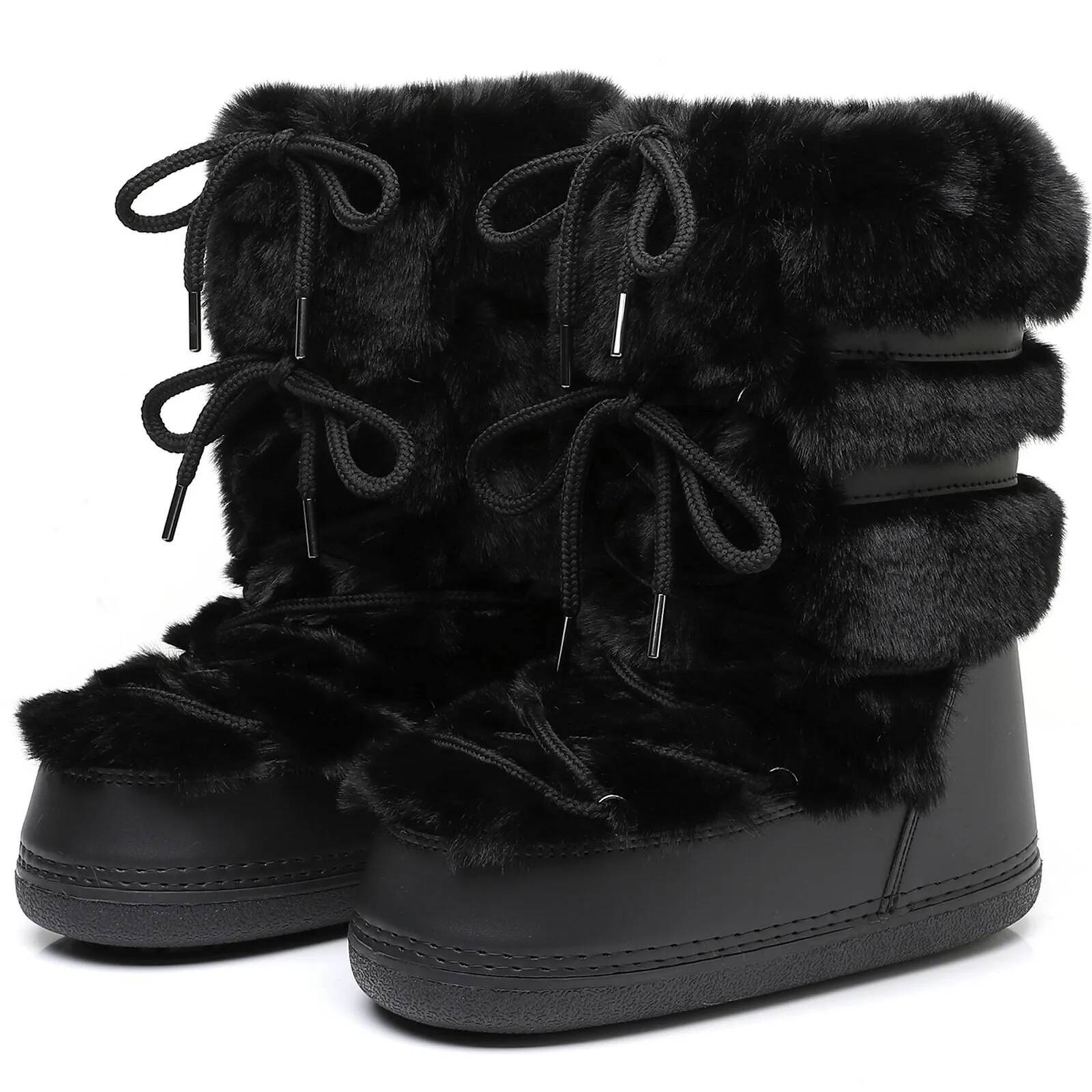 Ddmytiger Winter Women Snow Woman Lace Up Waterproof PU Leather Fur Female Platform Non Slip Cotton Ski Boots Outdoor Shoes