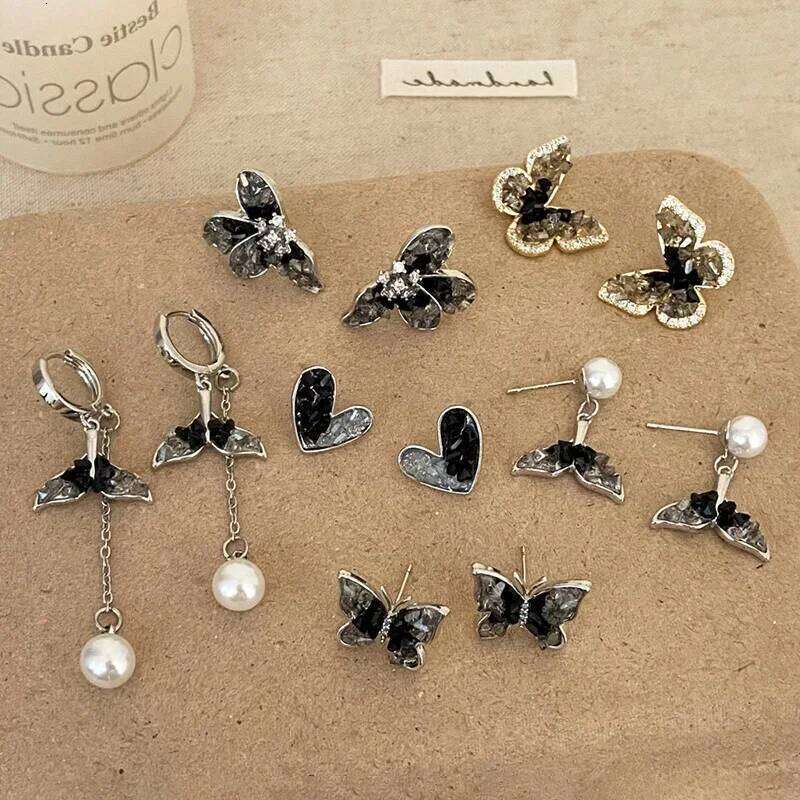 Real 925 Sterling Silver Black Crystal Flower Heart Fish Tail Butterfly Stud Earring for Women Cute Fine Jewelry Accessories
