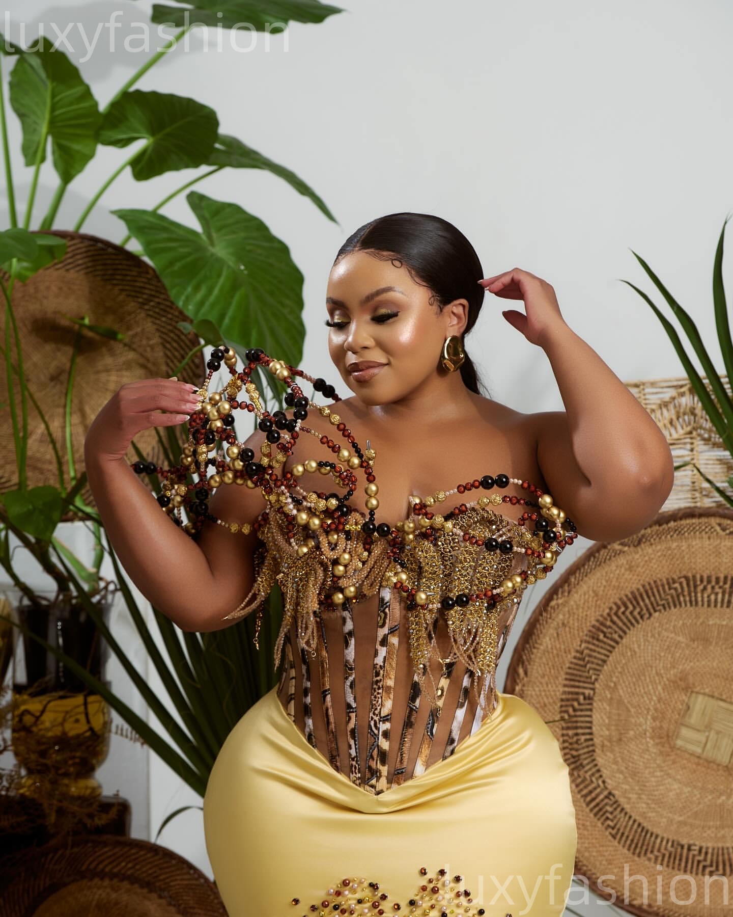 2026 Aso Ebi Gold Mermaid Prom Dresses Pearls Printed Satin Evening Formal Party Second Birthday Engagement Gowns Dress For Special Occasions