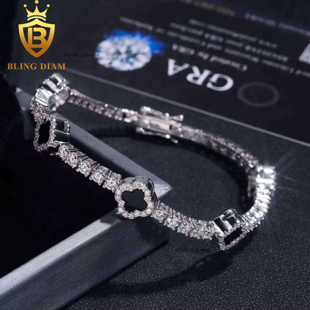 Fashion Black Clover Tennis Chain 925 Silver 3mm VVS Moissanite Pass Diamond test Hip Hop Bracelet