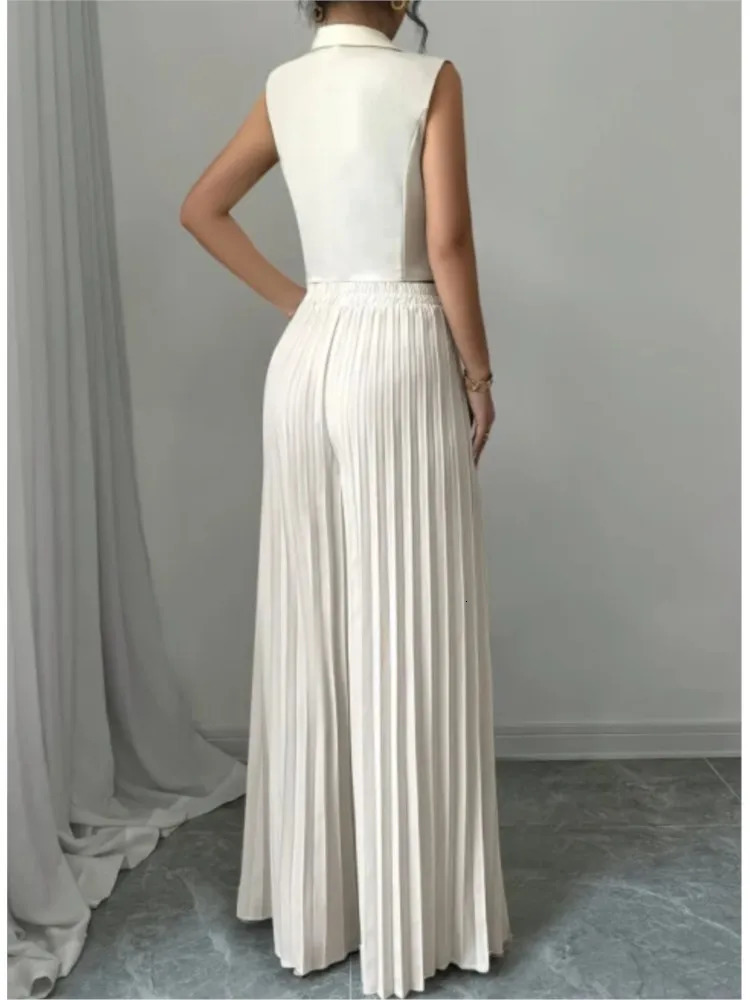 Women Fashion Solid Office Suit Casual Slim Button Two Piece Set Elegant Turn Down Collar Sleeveless BlazerPleat Pants Outfits 251225