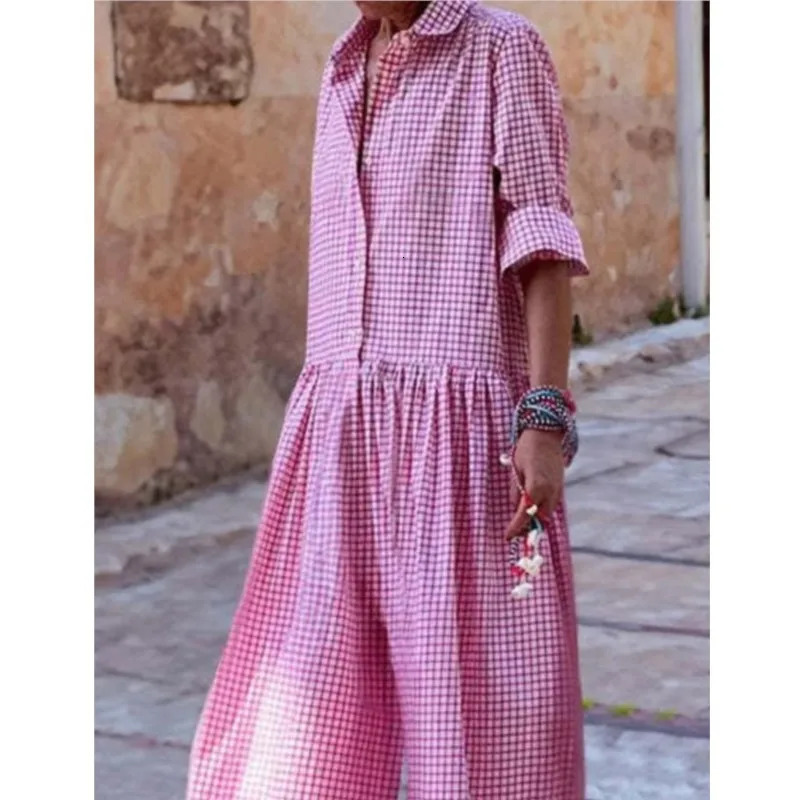 Womens Loose Casual Plaid Printed Jumpsuit Fashion Lapel Single Breasted Half Sleeve Wide Leg Spring Autumn Lady 251226