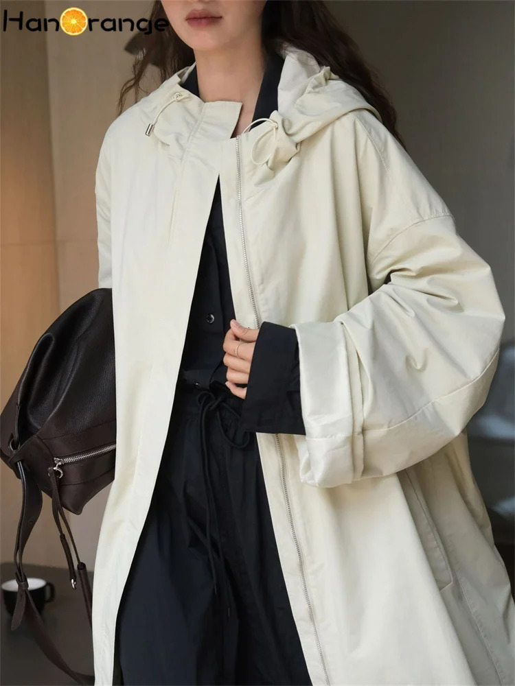HanOrange 2024 Autumn Leisure Hooded Silhouette Windbreaker Women Windproof Long Trench Jacket Military GreenBeige Apricot 251231
