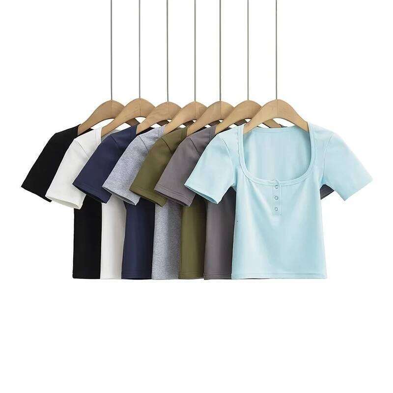 Women Button Front Short Sleeved Crop T-shirt