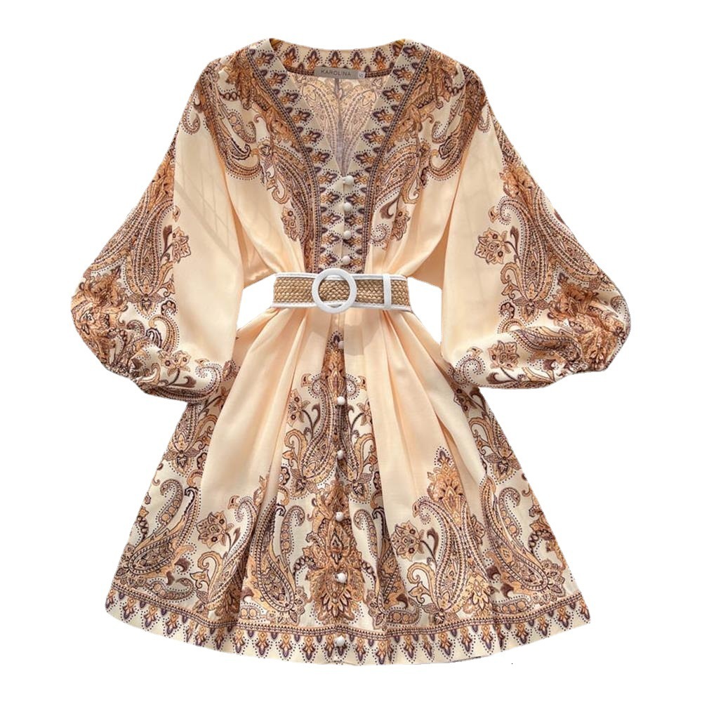 Fashionally Simple Urban Sexy Luxurious Women's Dress New Style French Retro Vacation Style V-neck Frilly Sleeves Fitted Waist Mid-length Printed