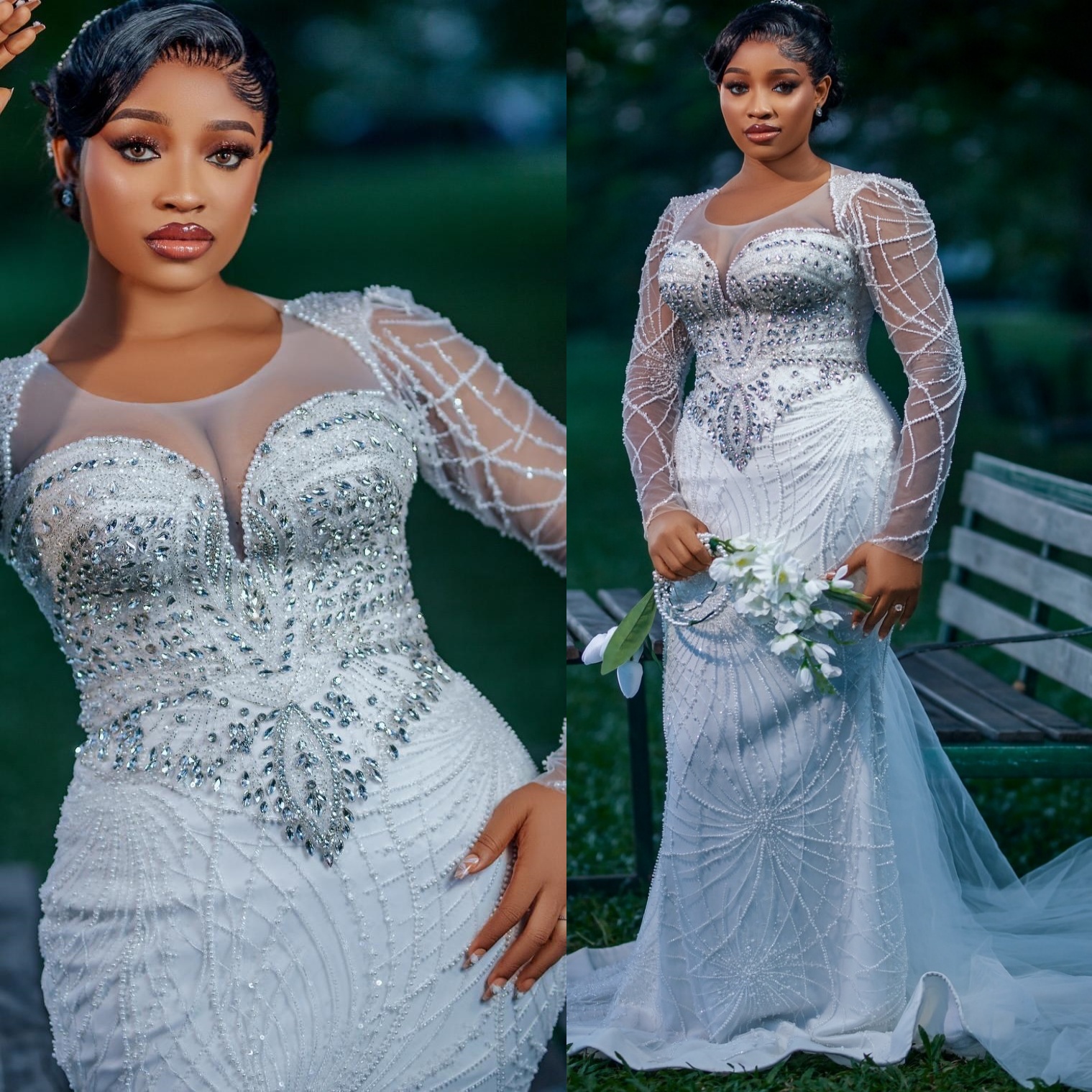 2026 Arabic Aso Ebi Plus Size Ivory Wedding Dress Beaded Crystals Sheer Neck Full Sleeves Sequined Bridal Gowns Dresses ZJ060