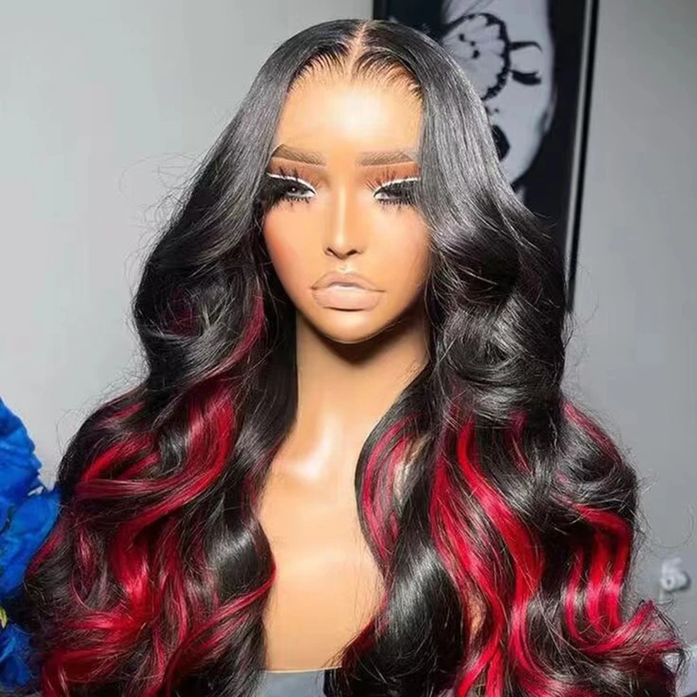 Black Highlight Red Wig Body Wave Lace Font Wig For Beginner Friendly Wig 13x6 HD Lace Human Hair Wig Small Large Size Cap HD Invisible