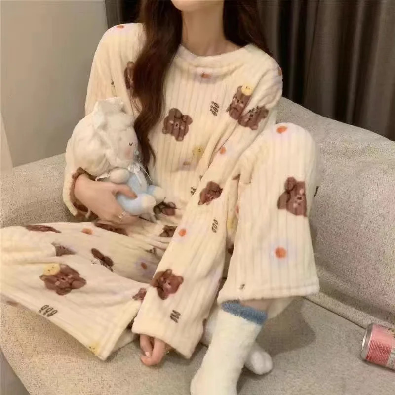 Thiened Long Sve Coral Fce Pajamas Winter Home Clothes Set Cute Cartoon Print round Ne Spwear for Youth 251231