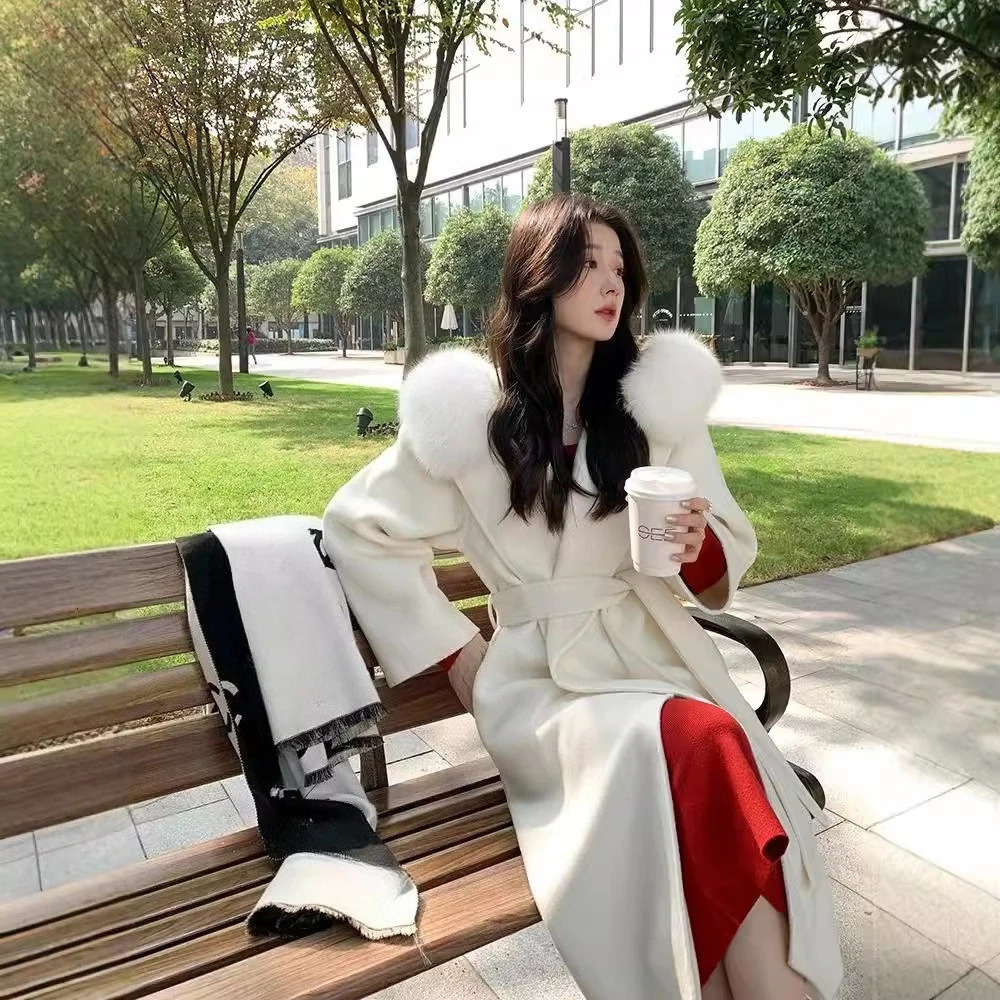 French Lazy 2025 Autumn Winter Fashion Hooded Double Faced Cashmere Coat Mid Length Real Fur Collar Wool Warm Women 251216