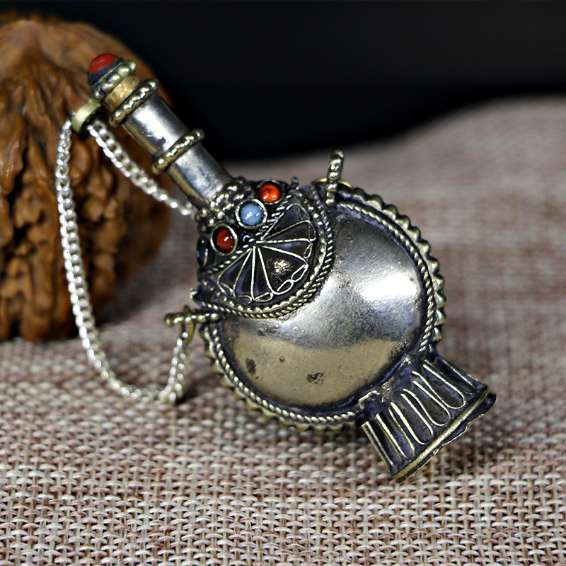 Antique Jar Pendant Necklace Cupronickel Necklac Vintage Inlaid Coral Stone Turquoise Gothic Accessories Jewlery Gifts 240723